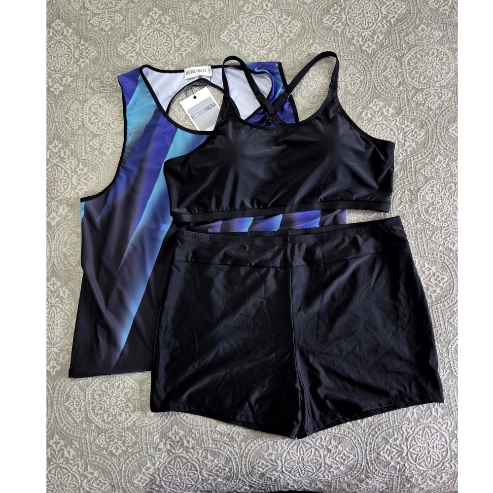 Hanna Nikole 3 Piece Tankini Swimsuit Set Blue Purple‎ Geometric Shorts 24W